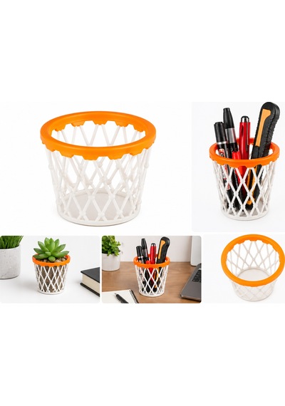 Basket Potası Tasarım Kalemlik 10 Cm Dekoratif Masaüstü Organizer Sert Plastik Kalem Tutucu Siyah - Beyaz