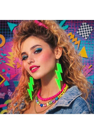 80 Ler 9039lar Retro Neon Yeşil Şimşek Küpe 10 Cm "