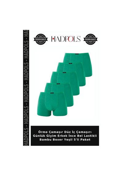 Hadpols Örme Çamaşır Düz İç Çamaşırı Günlük Giyim Erkek İnce Bel Lastikli Bambu Boxer Yeşil 5'li Paket