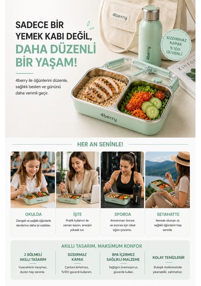 2 Bölmeli Termos Yemek Kabı Sızdırmaz Kapaklı, Paslanmaz Çelik İç Hazneli, 850 Ml - Su Yeşili