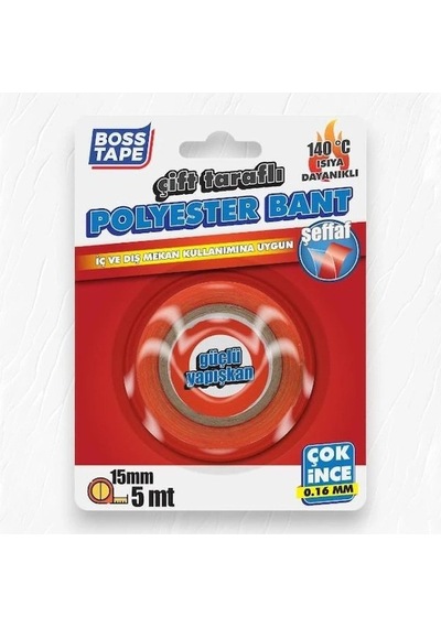 Boss Tape Polyester Çift Taraflı Isıya Dayanıklı Bant 1,6mm Şeffaf 15x5mt 140 Bt-01038