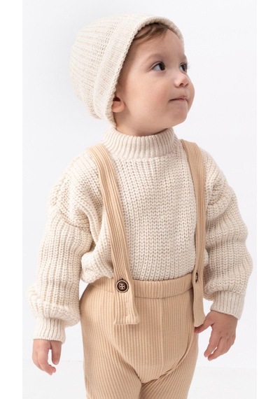 Bebicix Triko Kazak Oversize Esnek Salopet Bereli Unisex Bebek Takım Bej