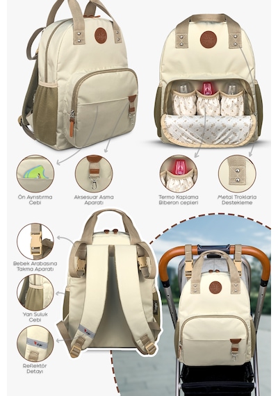 Stylo 3'lü Set Anne Bebek Bakım Sırt Çantası - Urban Anne Bebek Omuz Çantası ve Termos Çanta Bej