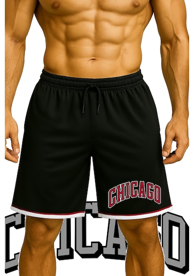 Top Glory Cepli Chicago Baskılı Basketbol Şortu Spor Şort Siyah