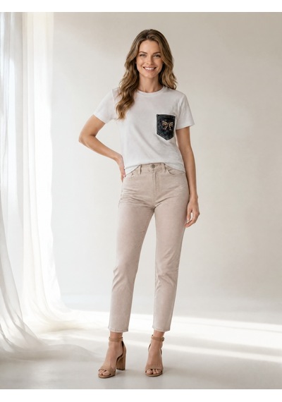 Nealirsanall.com Denim Cepli Fiyonk İşlemeli Penye Bluz - Kot Cepli Şık Tişört Beyaz