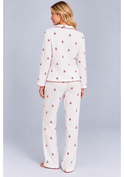 Pijamask Kadın Desenli Fiyonk Detaylı Düğmeli Uzun Kollu Müslin Pijama Takımı Beyaz