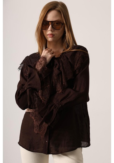 Ckm Moda Elise Romantik Dantel Detaylı Bluz Kahve