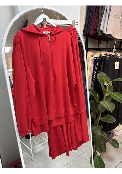 Nirva Butik Kapşonlu Fermuarlı Takım Pantolon Etekli Owrl Kırmızı