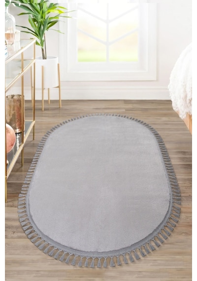 Vl Oval Comfort Overloklu Peluş Yolluk Açık Gri Oval Gri Ponpon