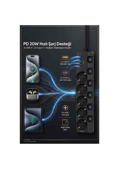 5'li Akım Korumalı Usb Çoklu Priz 2 Usb-a 2 Type-c Pd 20w Hızlı Şarj Anahtarlı Grup Priz 3680w 2 Metre 0 - 2 M