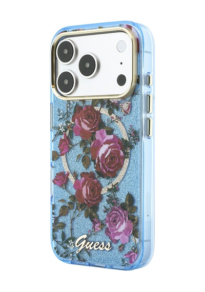Apple iPhone 18 Pro Max Uyumlu Kılıf Guess Lisanslı M-safeli Gül Desenli Simli Yazı Logolu Kapak Açık Mavi