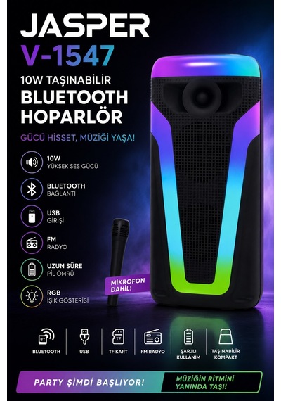 Jasper-1547 Işıklı Mikrofonlu Bluetooth Hoparlör Radyo-bt-usb-mic Uyumlu