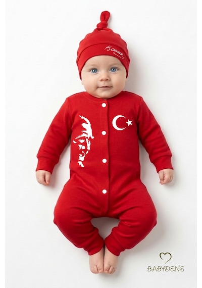 Babyden's 2 Li Bebek Tulum Seti, İlk 23 Nisan Bayramı Atatürk Baskılı Yenidoğan Bebek Tulum Şapka Set Unisex Kırmızı