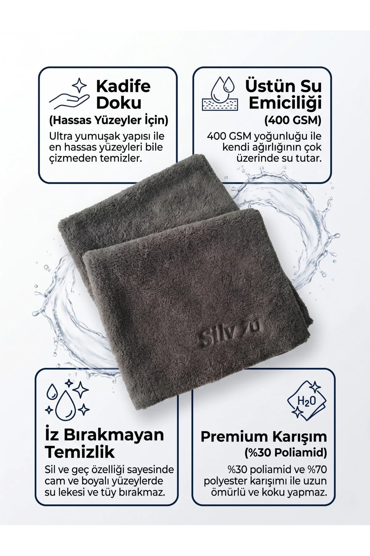 Silvia Premium 400 Gsm Mikrofiber Oto Kurulama Ve Detaylandırma Bezi 40x40 Cm - Kadife Dokulu Çizmez Parlatma Bezi