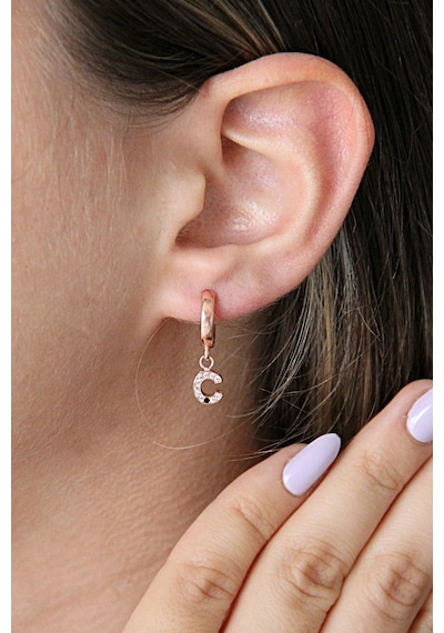 Ç Harfi Sallantılı 925 Ayar Gümüş Rose Tek Küpe - 12083802 Rose Gold