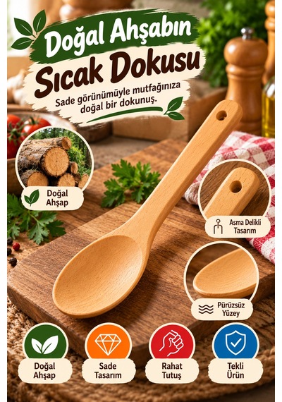 23 Cm Doğal Ahşap Yemek Kaşığı Tahta Pişirme Karıştırma Servis Kaşığı Mutfak Gereci Asma Delikli Tip