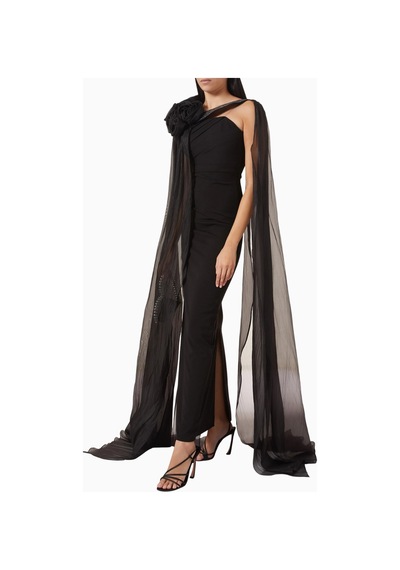 Ac By Aanchal Chanda Embellished Cape Saten - Şifon Işlemeli Pelerin Kollu Kadın Elbise Siyah