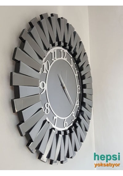 Güneş Smoked Latin Gümüş Füme 85 Cm Dekoratif Aynalı Duvar Saati