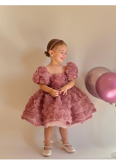 H L Y Karol Tasarım Lina Güllü Diana Vintage Kız Bebek Elbise,doğum Günü Elbise,fotoğraf Çekim Elbise,0-12 Yaş Uygun Pembe