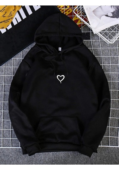 Startmore Kadın Küçül Kalp Baskılı Kapüşonlu Sweatshirt Siyah Siyah