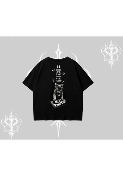 Tarzsokak Dj Kedi Baskılı Müzik Temalı Oversize Tshirt Siyah