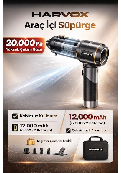 Harvox Hxvc-005 Araç İçi Profesyonel Süpürge 12.000 Mah Çift Bataryalı 20.000pa Güçlü Vakum Ve Üfleme Powerbank Özellikli Süpürge Siyah