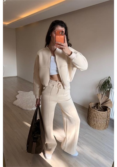 Neşeli Butik Kadın Oversize 3 İplik Cepli Eşofman Takımı Nm029 Bej