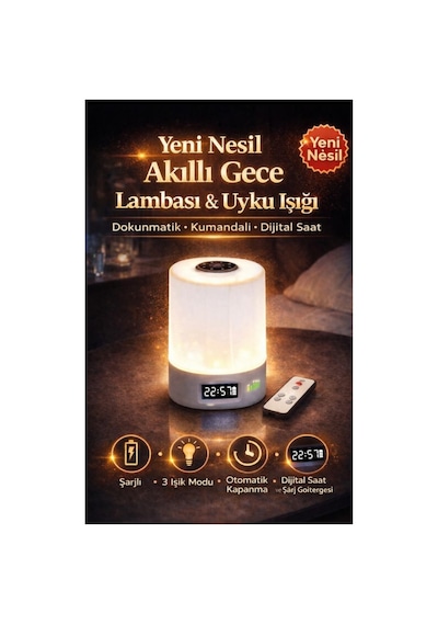Gece Lambası Şarjlı Led Masa Lambası Uzaktan Kumandalı Dijital Saatli Beyaz Beyaz