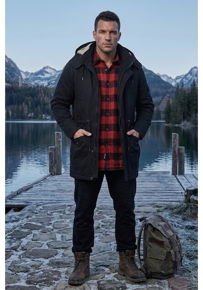 Alaska The Last Frontier Slim Fit Çıkarılabilir Kapüşonlu Gabardin Uzun Parka Kaban Haki
