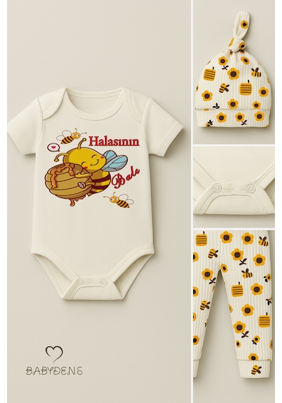 Babyden's 3 Lü Yenidoğan Takım Halasının Balı Baskılı Kısa Kol Body Arı Çiçek Desenli Pantolon Bere Ekru