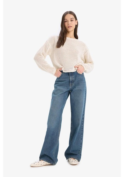 DeFacto 	Regular Fit Bisiklet Yaka Kroşe Triko Kazak T4513AZ25SPER223 Ekru