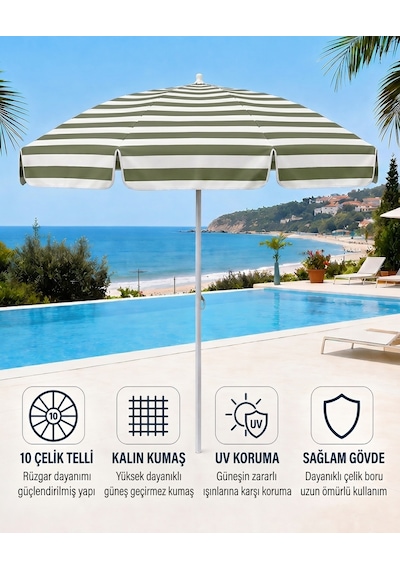 Plaj Şemsiyesi Balkon Bahçe Güneş Şemsiyesi 200cm 10 Telli Uv Korumalı Yeşil