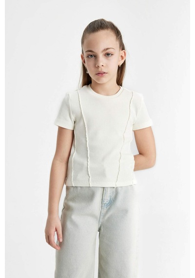 Defacto Kız Çocuk Slim Fit Bisiklet Yaka Ribana Kısa Kollu Tişört C0104A824SMER136 Ekru