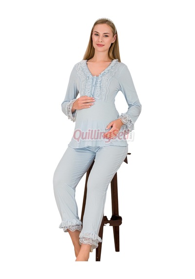 Lady Bebe Mavi Renkli, Dantel Detaylı, 33208 Uzun Kol, 2 Parça Lohusa Hamile Pijama Takımı Açık Mavi