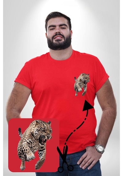 Angemiel Jaguar Sırtından Çıkan Kırmızı Büyük Beden Kadın Basic Minimal Baskılı Tişört Kırmızı