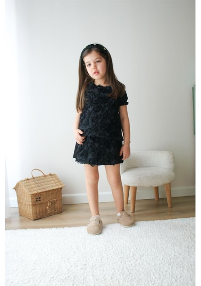 My Kids Wear Kız Çocuk Çicek Dokulu Alt Üst Takım Siyah