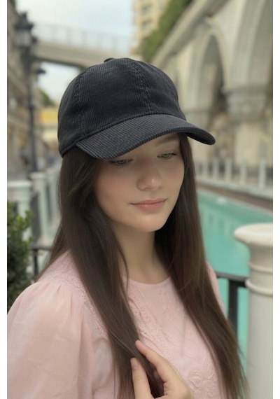 Mollycrush Kadın Mevsimlik Fitilli Kadife Siyah Şapka Günlük Ayarlanabilir Beyzbol Kep Siyah
