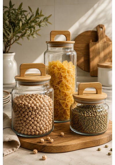 Serra - 3'lü Vakumlu Bambu Tutmalı Kapaklı 640 Ml 900 Ml 1400 Ml Kavanoz Takımı Şeffaf