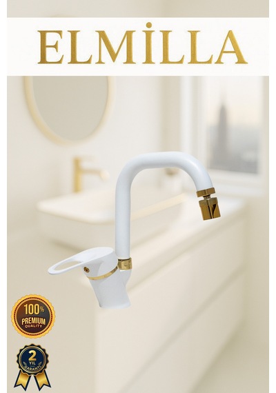 Beyaz Gold Banyo Lavabo Musluğu Bataryası Köşe Borulu Lüx Tasarım Çif Su Giriş Oynar Başlıklı