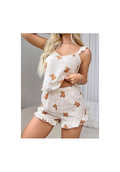 Lily Bianca Nightwear Ayıcık Desenli Askılı Ve Şortlu Penye Gecelik Krem