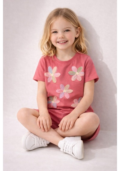 Beka Kids Kız Çocuk Kısa Kollu Çiçek İşlemeli Şort Ve Tişört Alt-üst İkili Takım Pembe