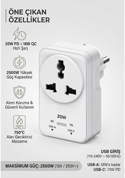 20w Pd Hızlı Şarjlı Akım Korumalı Kompakt Priz 2500w Usb-c & Usb-a 18w Qc Hızlı Şarj Kablosuz