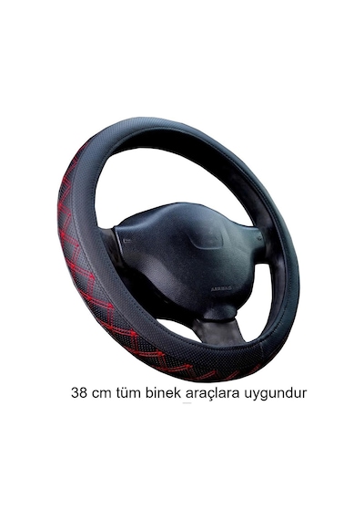 Direksiyon Kılıfı 38 Cm Geçmeli Siyah Binek Araçlara Kırmızı Nakı