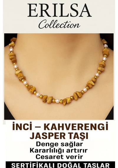 Sertifikalı Kırık Taşlı Model İnci Kahverengi Jasper Taşı Kolye Çok Renkli