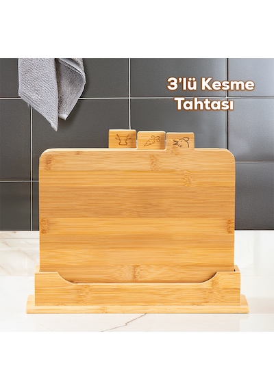 Porsima 16668 Piero Bambu 3'lü Standlı Kesme Tahtası Kesim Panosu