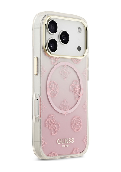 Apple Uyumlu iPhone 17 Pro Kılıf Guess Lisanslı M-safe Özellikli Simli Peony Desenli Silikon Kapak Pembe Pembe