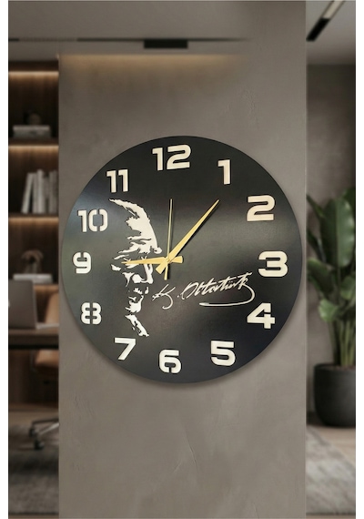 Atatürk İmza Ahşap Siyah Renk Sade Sayılı Hediyelik Sessiz Duvar Saati 50cm Siyah