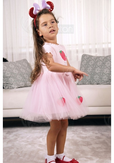 Çilek Baskılı Kız Çocuk Elbise Katlı Tüllü Astarlı Üst Kısım Ribana Kumaş Pembe