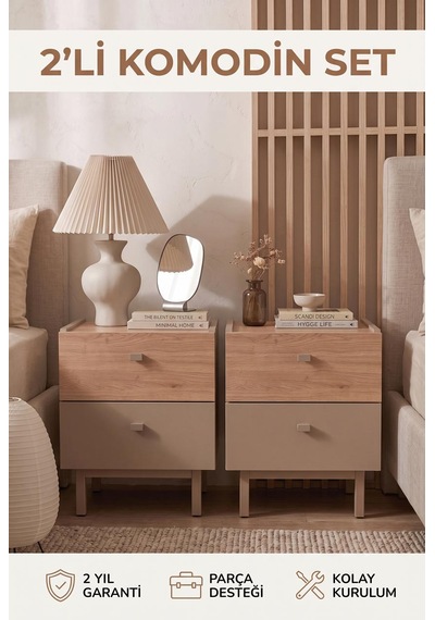 Robin Home 2'li Komodin Set 2 Çekmeceli Ahşap Ayaklı Kumsal-sepet