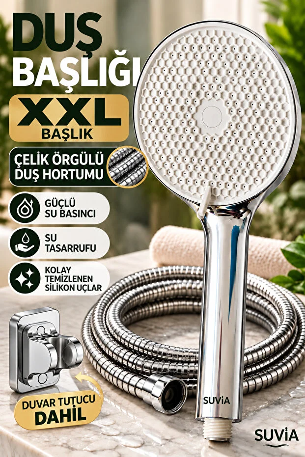 Duş Başlığı Duş Seti Xxl 5 Fonksiyonlu Yüksek Basınç Geniş Başlık Çelik Örgülü Hortum Mafsal Krom